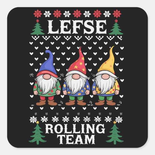 Pegatina Cuadrada Lefse Rolling Team Navidades Baking Gnome Xmas (Anverso)