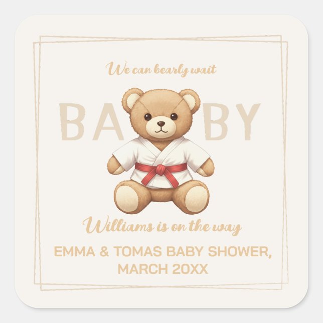 Pegatina Cuadrada Legendary Red Belt Judo Bear – Baby Shower (Anverso)