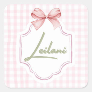 Pegatina Cuadrada Leilani Baby Nursery Gingham Personalizado