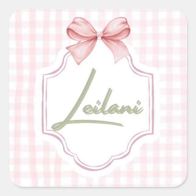 Pegatina Cuadrada Leilani Baby Nursery Gingham Personalizado (Anverso)