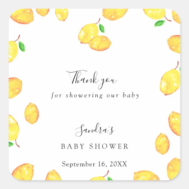 Pegatina Cuadrada Lemon Baby Shower Elegant Gracias Marco Script (Anverso)