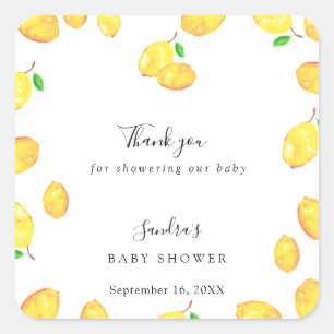 Pegatina Cuadrada Lemon Baby Shower Elegant Gracias Marco Script