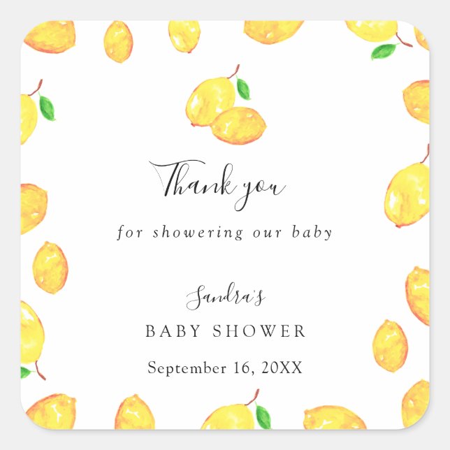 Pegatina Cuadrada Lemon Baby Shower Elegant Gracias Marco Script (Anverso)