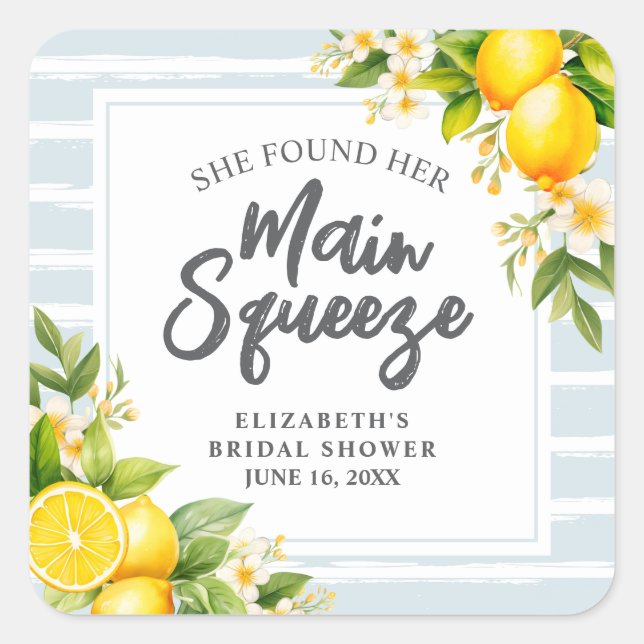 Pegatina Cuadrada Lemon Citrus Main Squeeze Bridal Shower (Anverso)
