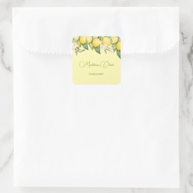 Pegatina Cuadrada Lemon Floral Citrus Moderno Yellow Business (Bolso)
