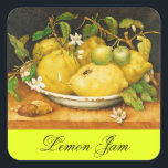PEGATINA CUADRADA LEMON JAM DE FRUTAS DE TEMPORADA, PRESERVAR, CANNI<br><div class="desc">Limones amarillos verdes y flores de limón blanco. Colección clásica,  fina y elegante de la vida muerta creada con la elaboración digital de miniaturas renacentistas de Florencia.</div>