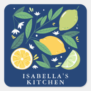Pegatina Cuadrada Lemon Lime Fruit Design Cocina personalizada azul