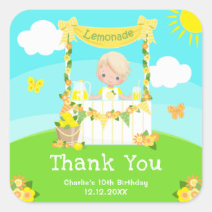 Pegatina Cuadrada Lemonada Rubio Cumpleaños Niño Agradecimiento