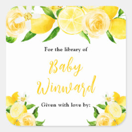 Pegatina Cuadrada Lemons and Foliage Baby Shower Bookplate