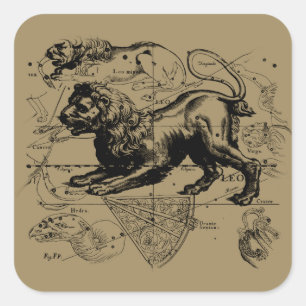 Pegatina Cuadrada Leo Constellation Map Hevelius 1690 en Taupe