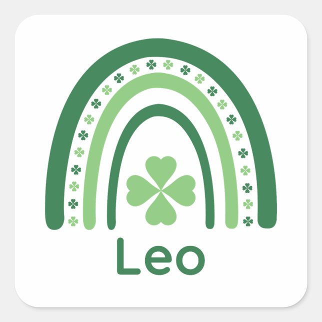 Pegatina Cuadrada Leo Nombre Clover Boho Arcoíris (Anverso)