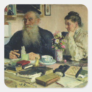 Pegatina Cuadrada Leo Tolstoy con su esposa en Yasnaya Polyana