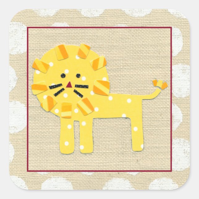 Pegatina Cuadrada León amarillo con puntos de polka blanco (Anverso)
