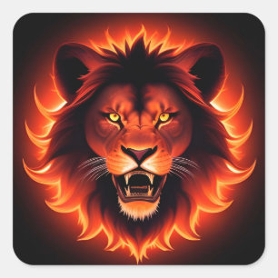 Pegatina Cuadrada León Ardiente Melena Brillante Espíritu Estético R