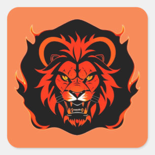 Pegatina Cuadrada 🔥 León Ardiente Poder Salvaje Audaz Espíritu Fier