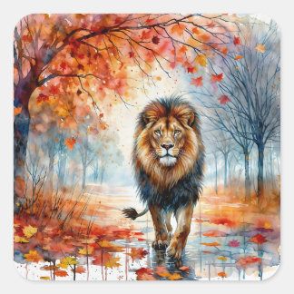 Pegatina Cuadrada León Caminando En La Acuarela Del Otoño