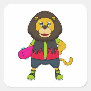 Pegatina Cuadrada León como patinador con patineta