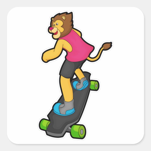 Pegatina Cuadrada León como Skateboarder con Skateboard (Anverso)