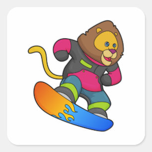 Pegatina Cuadrada León como snowboarder con Snowboard