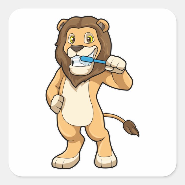Pegatina Cuadrada León con cepillo de dientes (Anverso)