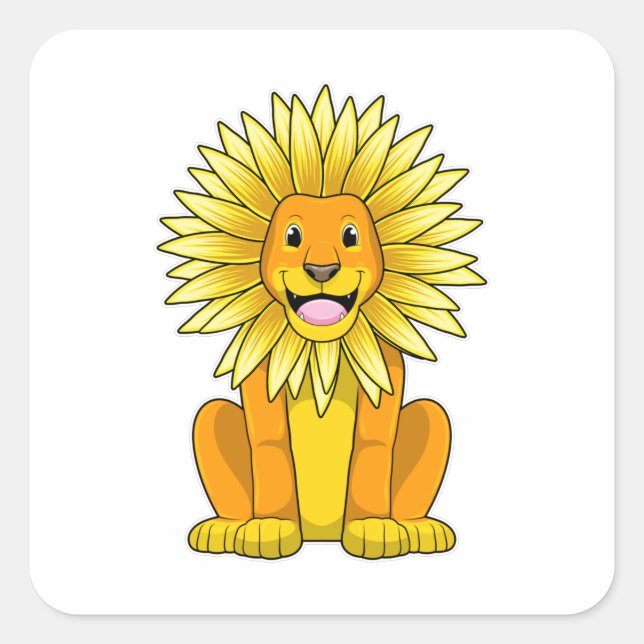 Pegatina Cuadrada León con flor de girasol (Anverso)