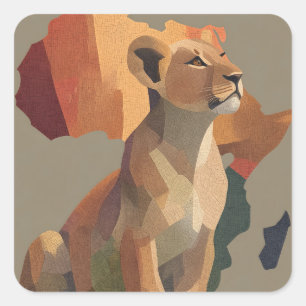 Pegatina Cuadrada León con mosaico geométrico con mapa de África est