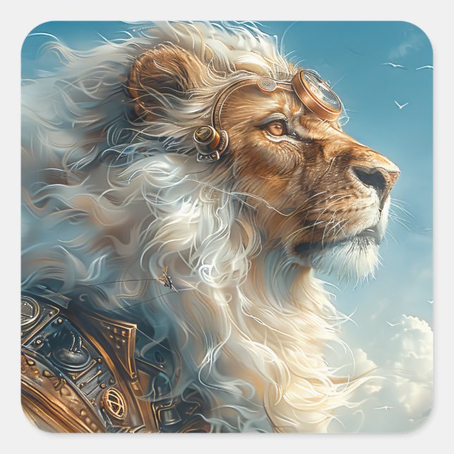 Pegatina Cuadrada León de Steampunk (Anverso)