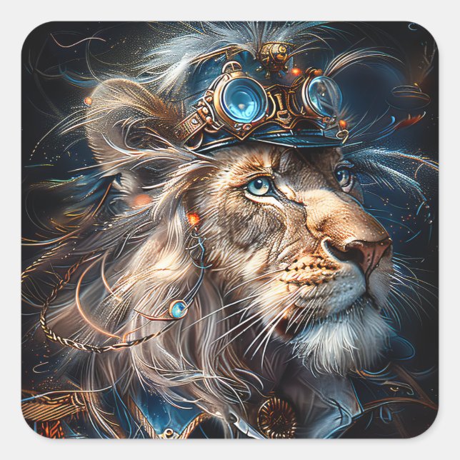 Pegatina Cuadrada León de Steampunk (Anverso)