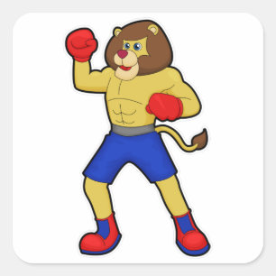 Pegatina Cuadrada León en boxeo con guantes de boxeo