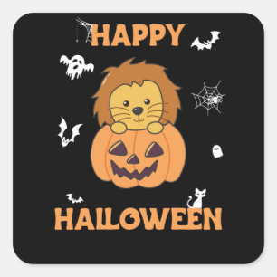 Pegatina Cuadrada León En Calabaza Dulces Leones Feliz Halloween