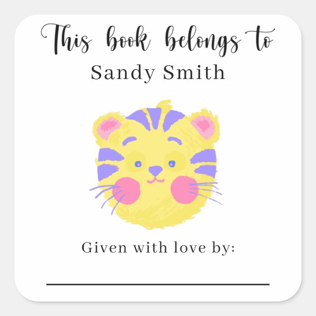 Pegatina Cuadrada León - Este libro pertenece a con mensaje (Anverso)