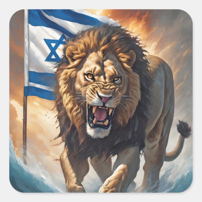 Pegatina Cuadrada León fuerte con bandera israelí (Anverso)