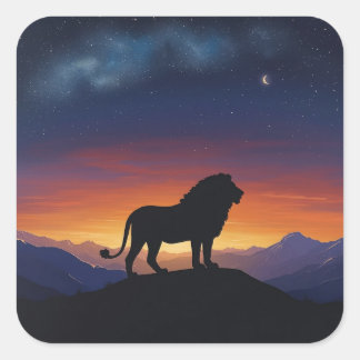 Pegatina Cuadrada León Majestuoso Bajo el Cielo Estrellado – Atempor