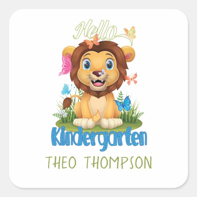 Pegatina Cuadrada León mariposa de vuelta a la escuela jardín de inf (Anverso)