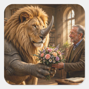Pegatina Cuadrada León Rinoceronte Flor Regalo – Fantasía Caprichosa