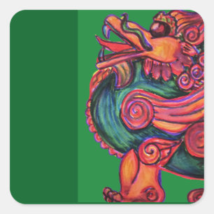 Pegatina Cuadrada león rojo chino sobre verde