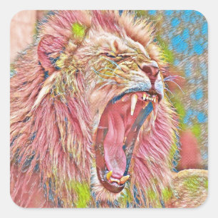 Pegatina Cuadrada León rosa artístico rugiendo