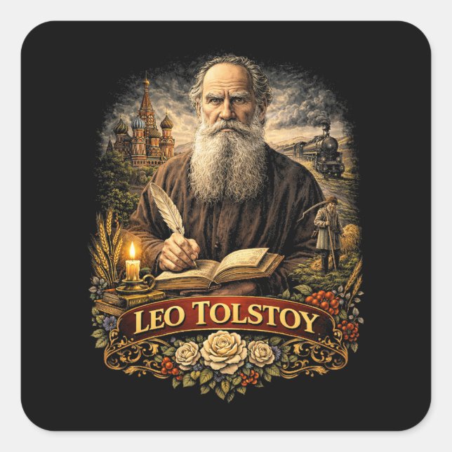 Pegatina Cuadrada León Tolstói (Anverso)