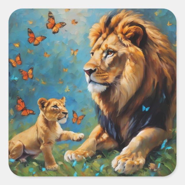 Pegatina Cuadrada León Y Cubo (Anverso)