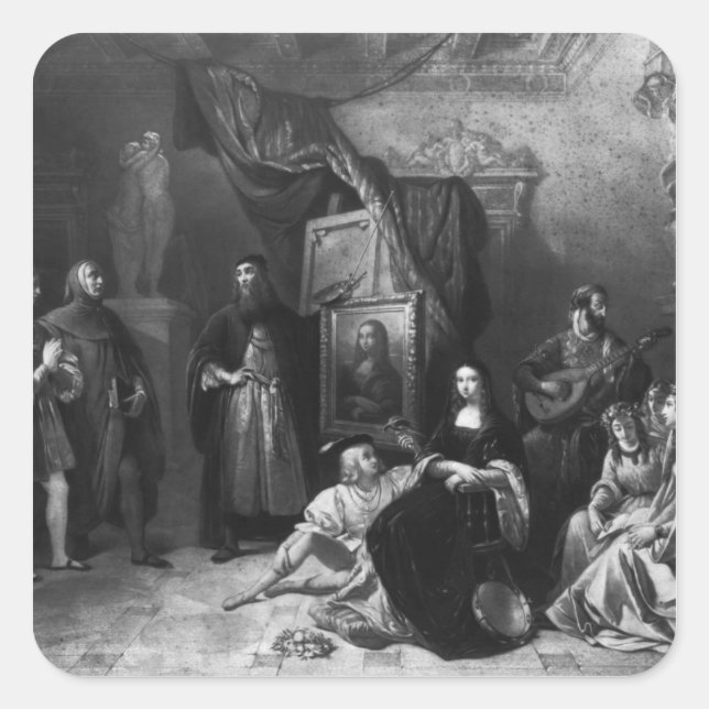 Pegatina Cuadrada Leonardo da Vinci pintando la Gioconda (Anverso)