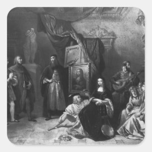 Pegatina Cuadrada Leonardo da Vinci pintando la Gioconda