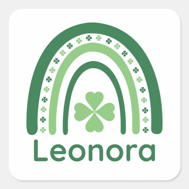 Pegatina Cuadrada Leonora Name Clover Boho Rainbow (Anverso)