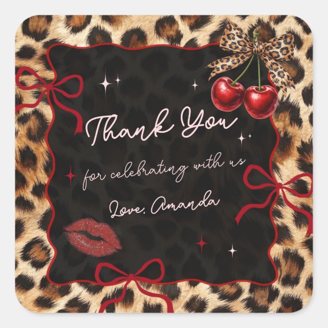 Pegatina Cuadrada Leopard Cheetah Coquette Cherry Birthday Sticker (Anverso)