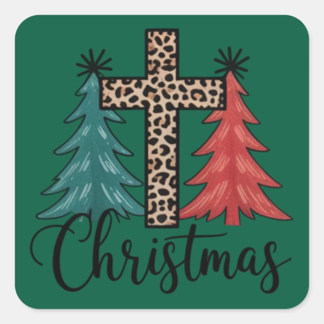 Pegatina Cuadrada Leopard Cross Christmas Trees Christian (Anverso)