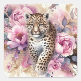 Pegatina Cuadrada Leopard Cub y Rosas