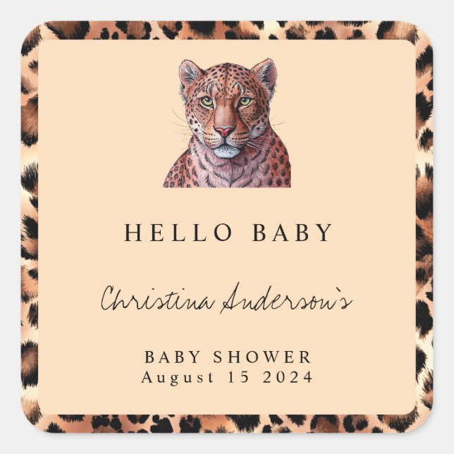 Pegatina Cuadrada Leopard Luxury Lion Tiger Wool Pattern Baby Shower (Anverso)
