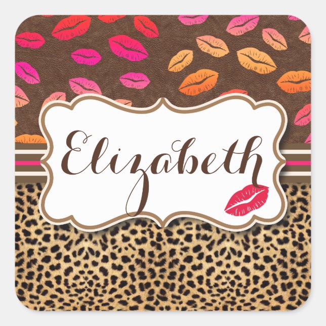 Pegatina Cuadrada Leopard Print Lips Kisses Personalizados (Anverso)