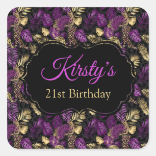 Pegatina Cuadrada Leopard Safari Palm deja el púrpura oro cumpleaños