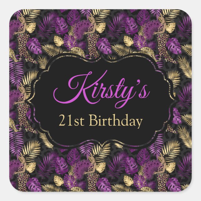 Pegatina Cuadrada Leopard Safari Palm deja el púrpura oro cumpleaños (Anverso)