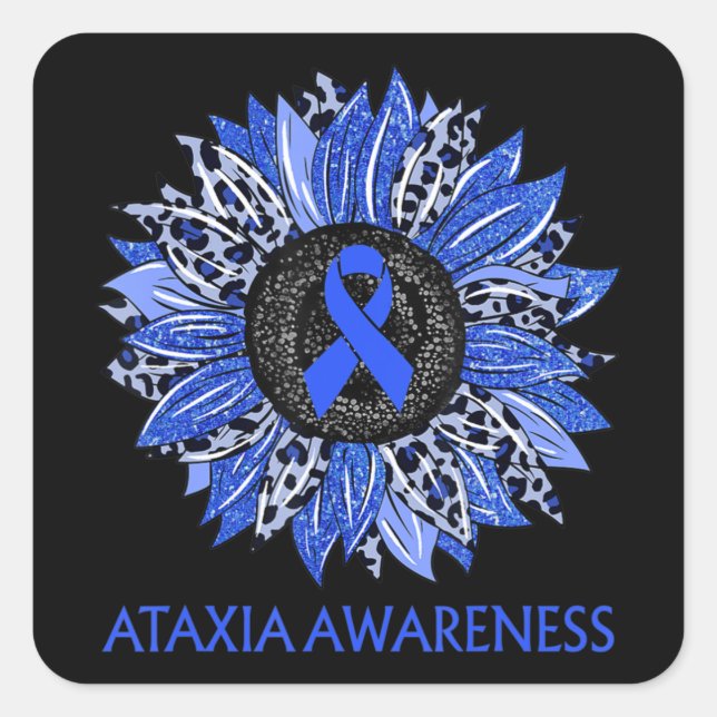 Pegatina Cuadrada Leopard Sunflower Ataxia Awareness Blue Ribbon Sup (Anverso)